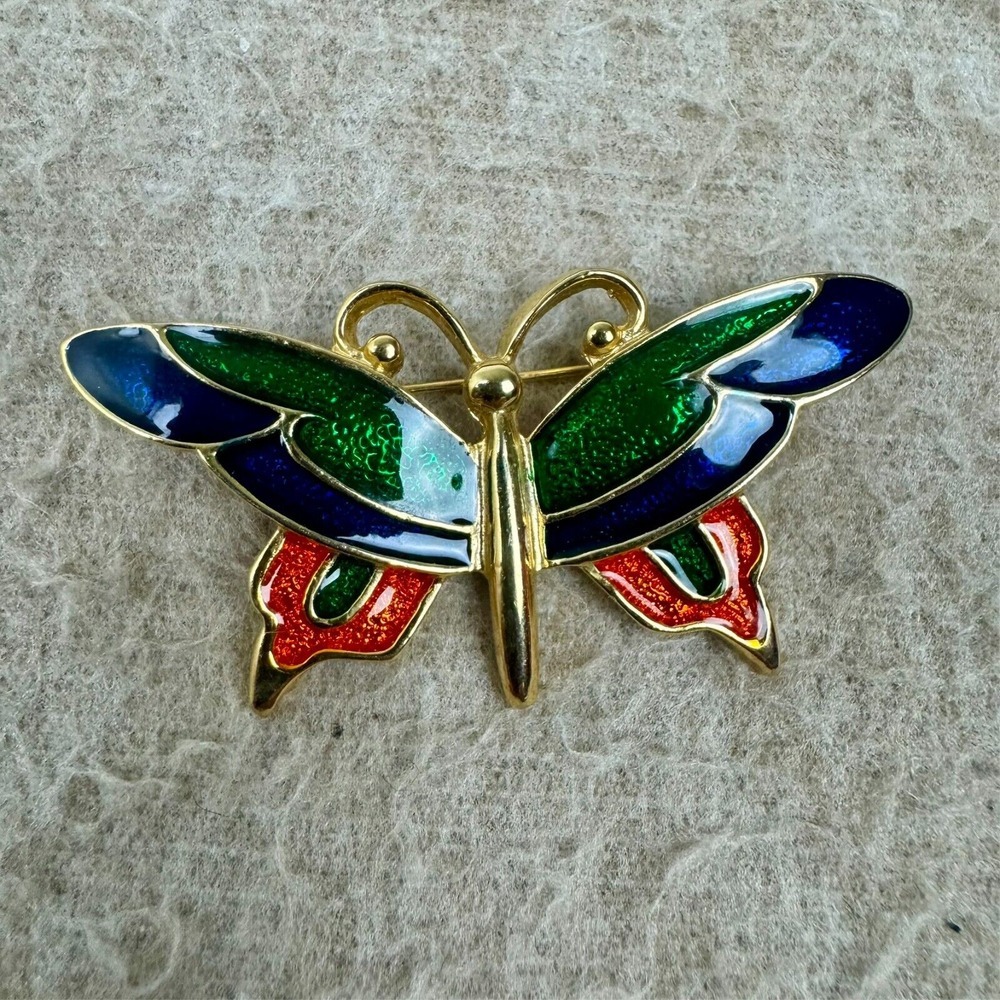 Vintage Gold Tone Enamel Butterfly Brooch Blue Green Signed‎ SFJ